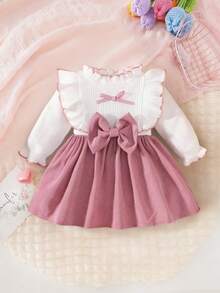 Baby Girl Autumn New Dress, Sweet & Cute Bow, Ruffle, Lace, Round Neck, Long Sleeve Dress, Suitable As Gift, For 6-9M, 1-3Y - White - View 2