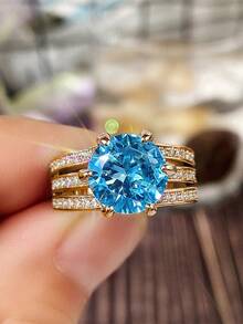 1 buah Cincin Wanita Bertema Kubik Zirkonia, Cocok untuk Pernikahan, Pertunangan, dan Hadiah Hari Valentine - Kuning keemasan + biru laut - View 9