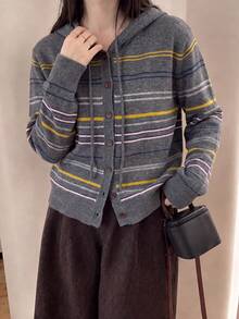 Jaket Kardigan Rajut Berkerudung Motif Garis-Garis Vintage Kasual Musim Gugur/Dingin untuk Wanita - Grey - View 1