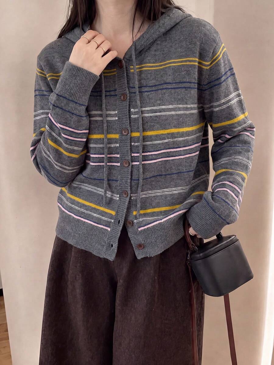 Jaket Kardigan Rajut Berkerudung Motif Garis-Garis Vintage Kasual Musim Gugur/Dingin untuk Wanita - Grey - View 1