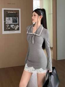 New Women's Spring/Autumn Sexy Style Turn-Down Collar Bow Hem Contrast Lace Fitted Bodycon Long Sleeve Knit Dress - Grey - View 9