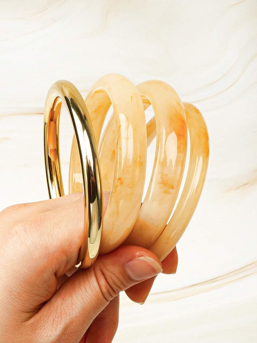 4 pièces Bracelets vintage élégants, minimalistes à la mode, convenant pour un port décontracté, bijoux de mode pour femmes, en acrylique, convenant pour un port quotidien et de soirée - marron clair - Voir 1