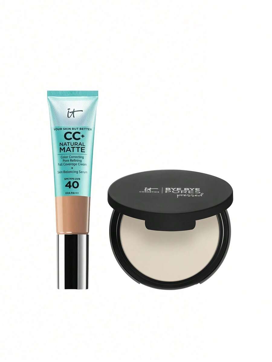 IT Cosmetics [حزمة] كريم CC+ أساس طبيعي مطفي SPF40 لون متوسط محايد 32 مل + بودرة تثبيت مضغوطة Bye Bye Pores شفافة 9 جم - متوسط محايد + شفاف - مشاهدة 1