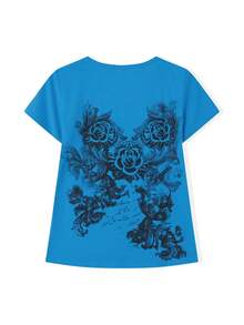 Women Vintage Graphic Print Tee Short Sleeve T-Shirts Y2K Fairy Grunge Round Neck Shirts Summer Gothic Slim Fit Crop To 2000s Aesthetic E-Girls Shirt - 藍色 - 查看 7