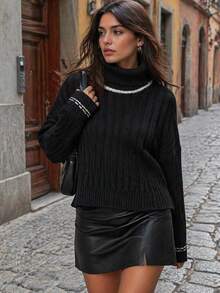 2026 American Vintage Sweater Rajut Leher Tinggi Bergaris Hitam Wanita Model Bahu Jatuh Serbaguna Lengan Panjang Atasan Musim Gugur/Dingin - Hitam - View 2