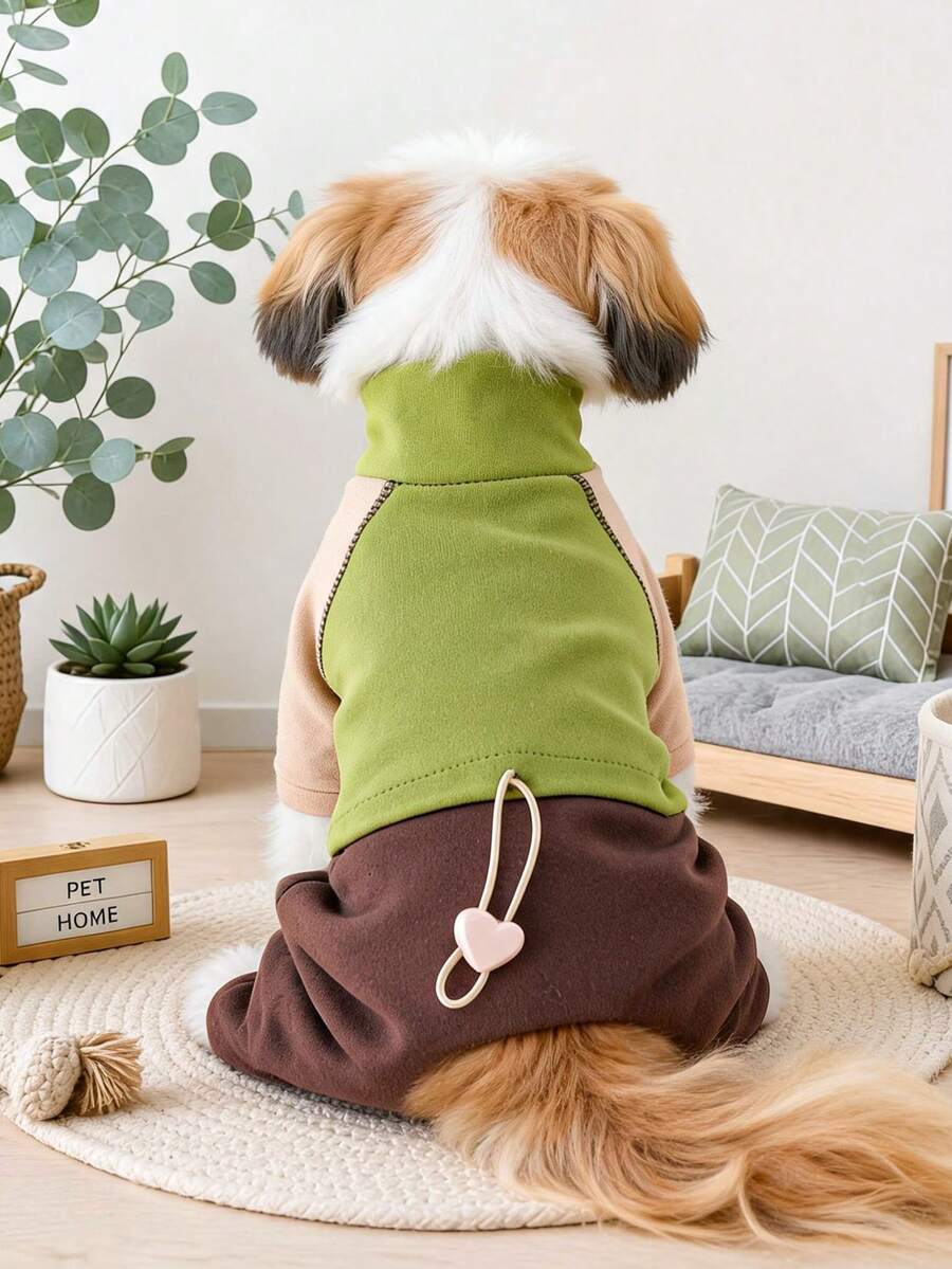 PETCIRCLE 1PC Pet Clothes Small Dog Puppy Cute Pet Autumn/Winter Versatile One-Piece Windproof Warm Colorblock Four-Legged Outfit - Green Coffee - Multicolor - View 1