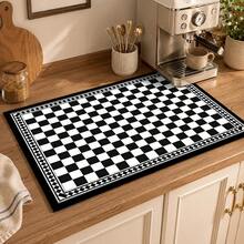 1pc Black & White Plaid Tile Print Diatomaceous Earth Kitchen Drain Mat, Absorbent Quick-Dry Non-Slip Coffee Machine Mat, Suitable For Kitchen Countertop And Coffee Area Decoration - Multicolor - View 5