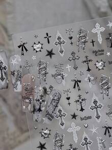 1pc Metal Nail Art Sticker, New DIY Dark Style Hot Girl Nail Decal With Lace Cross Decoration - Multicolor - View 2