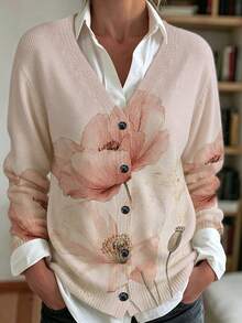 Women's V-Neck Knit Floral Pattern Cardigan, Casual Autumn For Outings Fall - Multicolor - View 7