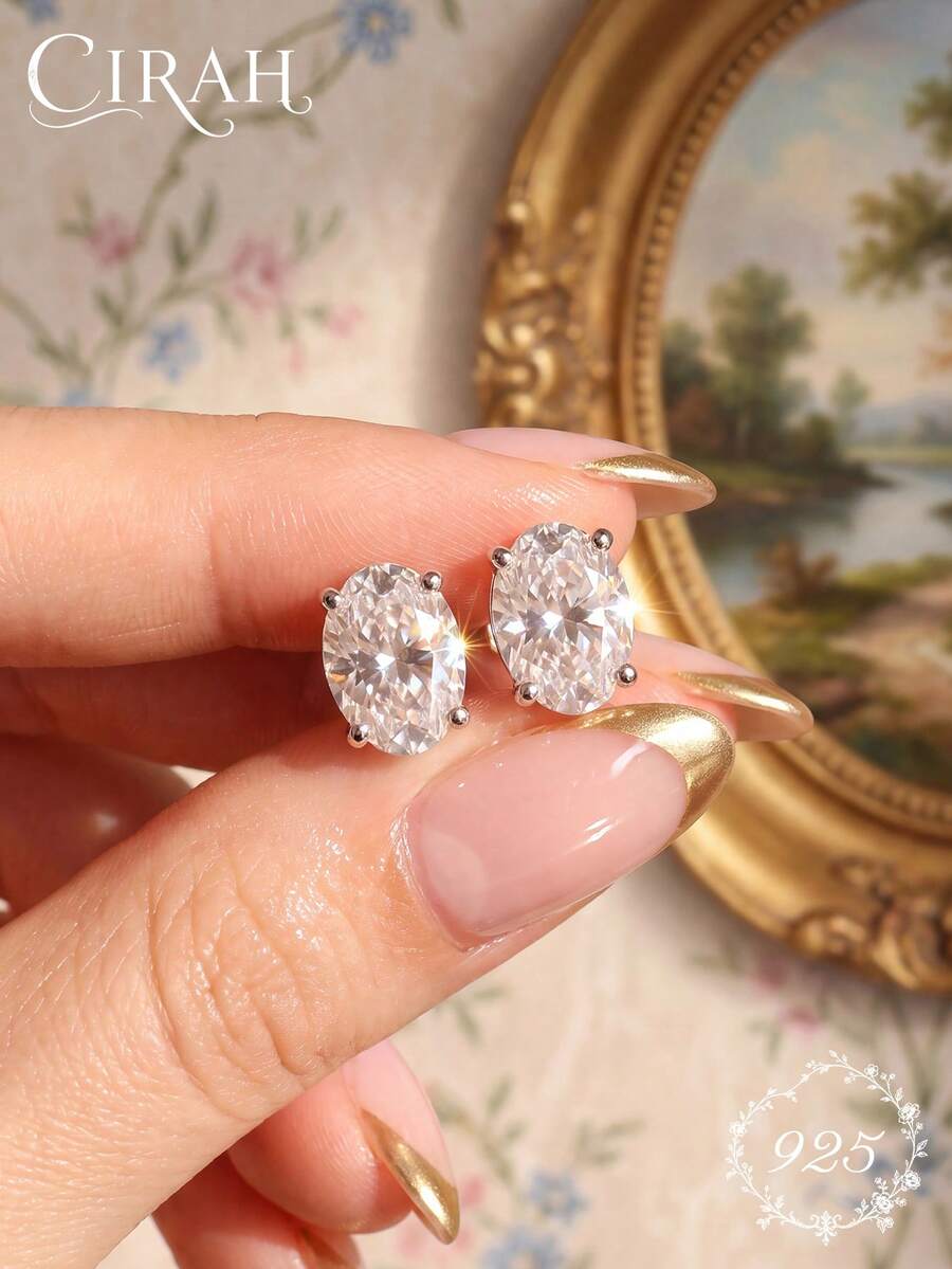 1 Pair 4-Prong Oval Earrings, Gold-Plated White Zirconia, Exquisite Jewelry, Women's Bridal Engagement Wedding Anniversary Birthday Gift - Silver - View 1