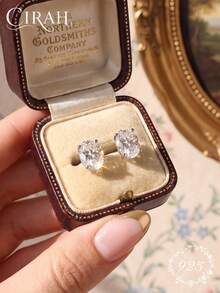 1 Pair 4-Prong Oval Earrings, Gold-Plated White Zirconia, Exquisite Jewelry, Women's Bridal Engagement Wedding Anniversary Birthday Gift - Silver - View 4