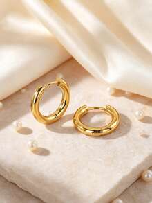1 Set Classic Minimalist Style Stainless Steel Hoop Earrings With Basic Coil Design For Women, Suitable For Daily Wear/Office Commute - Yellow Gold - View 10