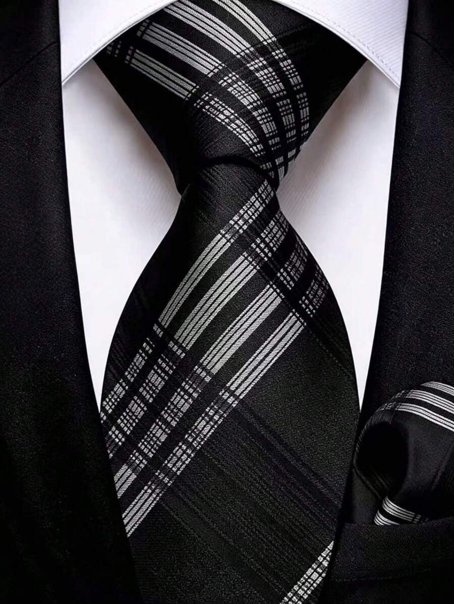 Men's Tie Set, Classic Fashion Necktie & Pocket Square Set, Suitable For Weddings, Business And Banquets - Black Silver - View 1