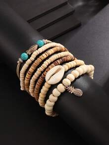 7pcs/Set Bohemian Coconut Shell & Shell Beaded Bracelets, Turquoise Fish & Pineapple Pendant Layered Bracelets, Men's Beach Vacation Jewelry - White - View 5
