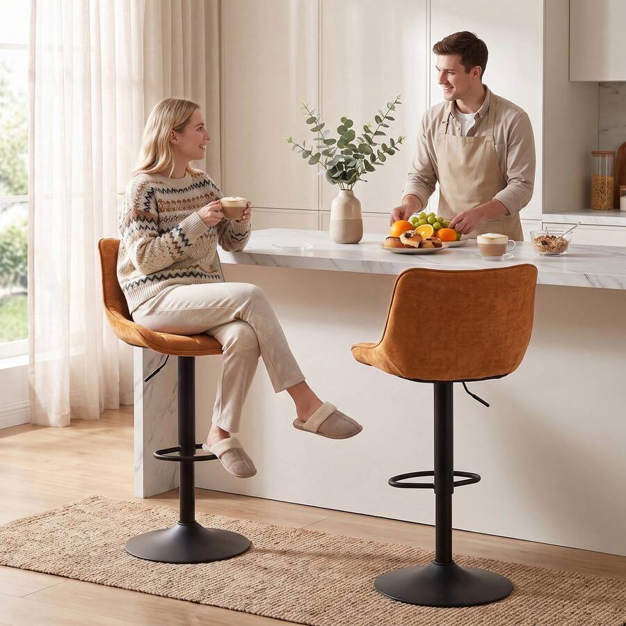 HOMCOM Set 2 Sgabelli Bar in Effetto Lino Vellutato con Altezza Regolabile Girevoli a 360° Sgabelli Cucina Alti con Poggiapiedi, Schienale, Base Acciaio Carbonio, Moderni per Bar Isola Marrone Arancio