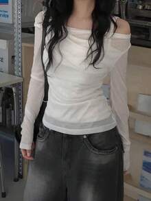 Korean Style Minimalist Draped Pleated Off-Shoulder Waist-Cinched Versatile Long Sleeve T-Shirt Casual - White - View 7