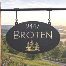 Personalized Sign Evergreen Tree Custom Door Plaque Oval Metal Address Sign Outdoor Home Name Sign Entrance Rustic Style Wall Decor Gift - Black - View 3