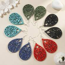 5 Pairs/Set, Multi-Color Geometric Hollow Wooden Teardrop Laser Engraved Women's Earrings, Vintage Elegant, Suitable For Mother's Day. - Gold Hoop Earrings - View 9