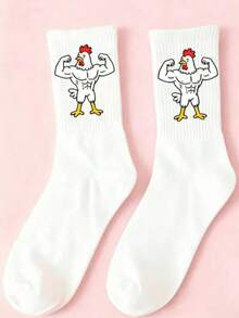 1/2/3 Pairs Fitness Muscle Rooster Cartoon Pattern Mid-Calf Socks, Funny Quirky Style, Men's Sports Mid-Calf Socks, Versatile Couple Socks, Suitable For All Seasons - Black and White - View 21