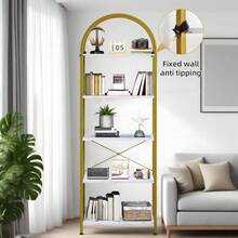 Techigher Bücherregal Bogenförmig, Offenes Standregal im Industrie-Design mit Metallrahmen & Kippschutz, Rustikales Dekoregal Vintage für Wohnzimmer, Arbeitszimmer, Büro - Goldrahmen + weiße Platte - Übersicht 3