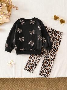 2pcs Baby Girls Autumn Leopard Print Bow Long Sleeve Sweatshirt Slim Fit Elastic Waist Leopard Print Leggings Children Spring Fashion Cute Set - Black - View 2
