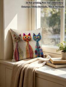 1pc Faux Embroidery Colorful Cat Pillowcase With 3 Cute Kittens Pattern, Suitable For Pet Lovers, Sofa, Bedroom, Home Decor (Pillow Insert Not Included) - Multicolor - View 5