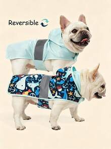 1pc Reversible Hooded Dog Raincoat, Cute Shark Print Reflective Waterproof Jacket, Adjustable Hook And Loop Rain Gear, Suitable For Small And Medium Dogs - Blue - View 8