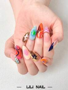 10pcs Handmade Press On Nails Almond Nails, Cute Summer Nails, Pink Nails, Star Print, Striped Pattern, French Tip, Powder,Gradient, Gold Bead, Rhinestone Nails, Hand Painted, Daily Party Wear Reusable Nail Set With Nail Tools - Multicolor - View 4
