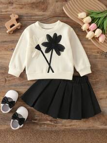 2pcs/Set Baby Girl Autumn Casual Lady Outfit, Newborn Baby Spring/Autumn Plaid Textured Loose Top & A-Line Pleated Skirt, Infant Girl Preppy Style Outing Dress, Cute Versatile Baby Clothing - Apricot - View 3
