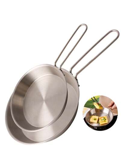 1pc304 Stainless Steel Camping Frying Pan With Foldable Handle, Portable Outdoor Skillet, Picnic BBQ Cookware For Egg Steak Grilling, 2 Sizes Optional