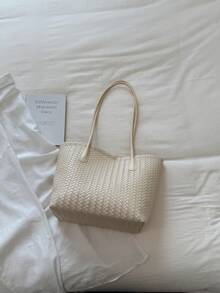 1 Piece Of Solid Color Large Capacity Woven Pattern Women's Bag, Fashionable And Versatile, Suitable For Women Commuting To Work Under The Armpit - White - View 7