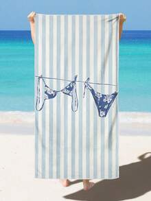 1pc Blue And White Striped Bikini Pattern Printed Beach Towel, Modern Style Fiber Rectangular Travel Home Beach Towel, Suitable For Swimming, Diving, Summer - Multicolor - View 1