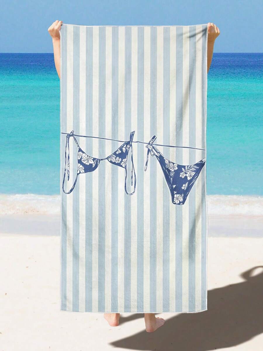 1pc Blue And White Striped Bikini Pattern Printed Beach Towel, Modern Style Fiber Rectangular Travel Home Beach Towel, Suitable For Swimming, Diving, Summer - Multicolor - View 1