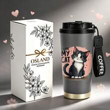 1/5pcs 18oz Stainless Steel Coffee Tumbler, Matte Grey I LOVE MY CAT Fluffy Black White Cat Cute Print Travel Mug, Multi-Function Flip Straw Lid, Black COFFEE Lanyard Strap, Ideal Gift For Cat Lovers Pet Owners Girls, Suitable For Home Travel Office - Kitten - View 10