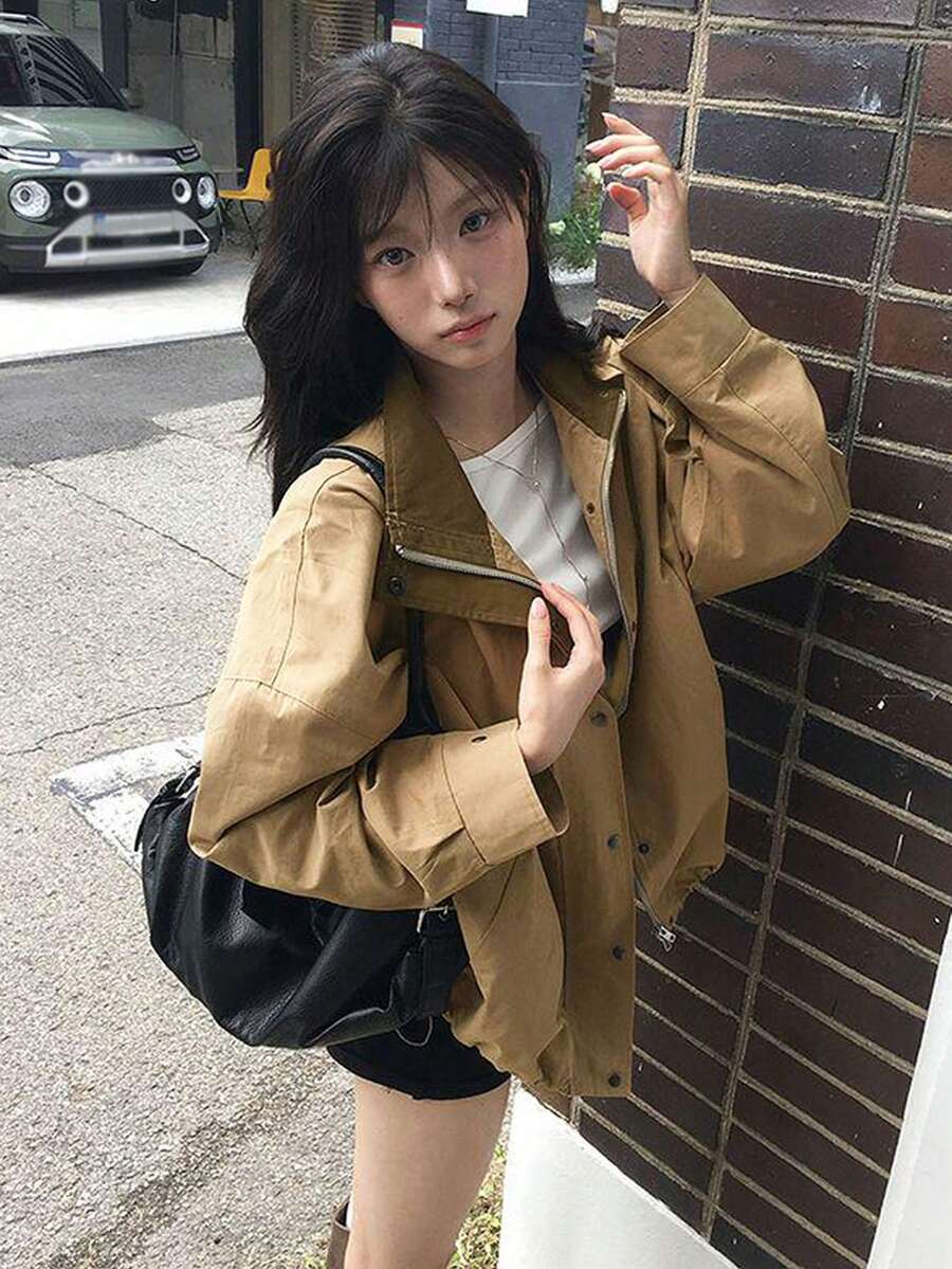 Korean Style Loose Zipper & Button Long Sleeve Jacket Streetwear - Khaki - View 1