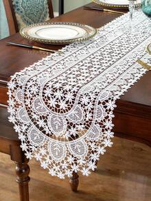 1pc Peacock Feather Shaped Table Runner, Modern Minimalist White Polyester Thread Oval Fully Water-Soluble 3D Hollow Lace Trim Table Runner, Suitable For Daily Use, Wedding, Living Room, Dining Room, Coffee Table, Dining Table, Furniture, Etc. - White - View 1