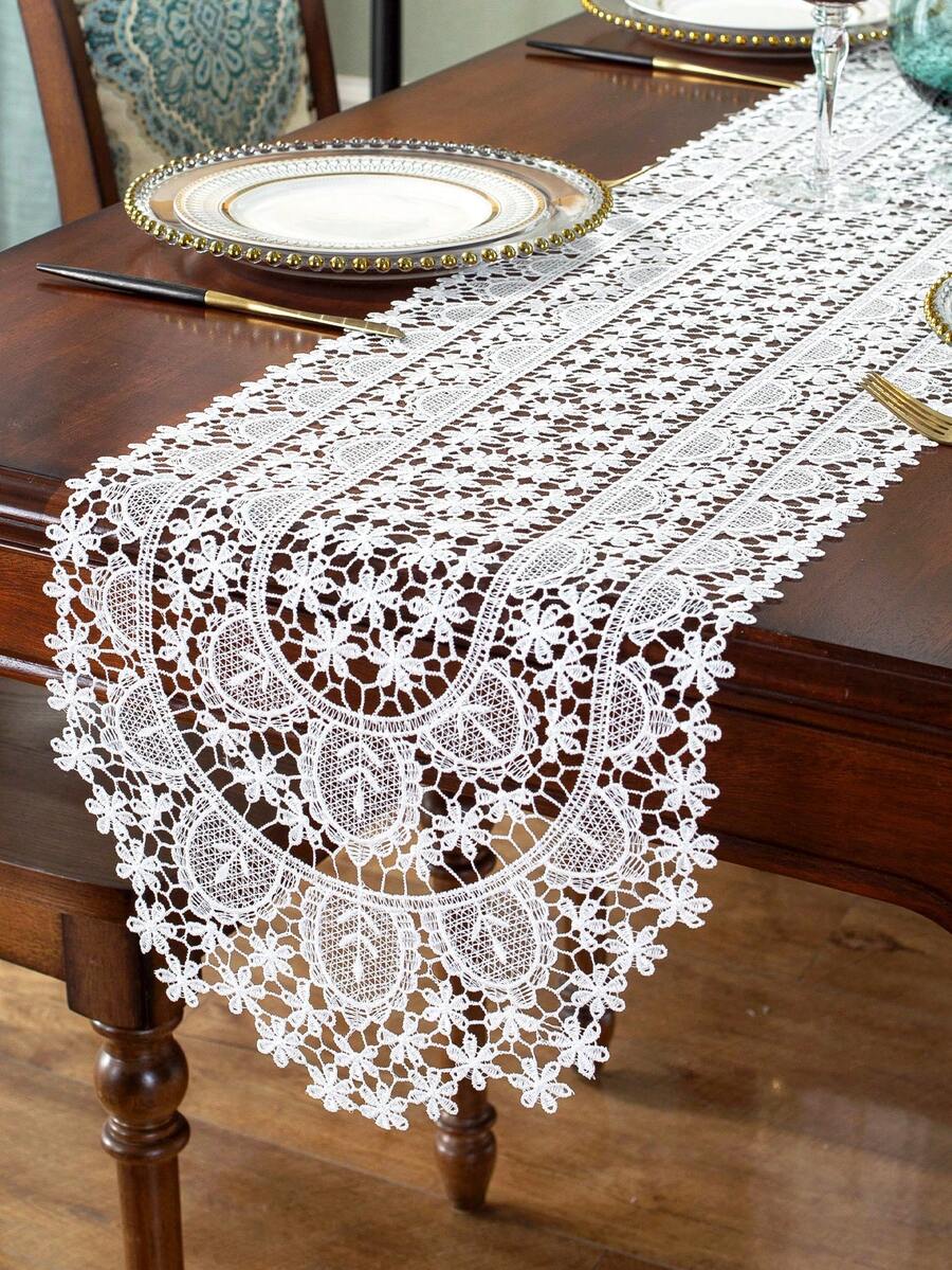 1pc Peacock Feather Shaped Table Runner, Modern Minimalist White Polyester Thread Oval Fully Water-Soluble 3D Hollow Lace Trim Table Runner, Suitable For Daily Use, Wedding, Living Room, Dining Room, Coffee Table, Dining Table, Furniture, Etc. - White - View 1