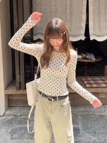 Spring/Autumn Casual Polka Dot Round Neck Long Sleeve T-Shirt - Apricot - View 7