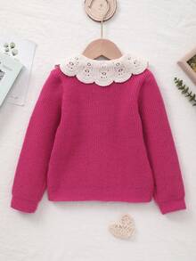 Tween Girl Knitted Embroidered Floral Collar Cardigan - Hot Pink - View 3