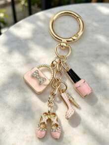 Car Key Pendant/Bag Charm, Fashion Accessory Keychain Pendant, Rhinestone-Studded Bag, High Heel, Nail Polish, Ballet Shoe Design, Pink Enamel With Gold Chain, Exquisite Sparkling Rhinestone Accents, Metal Material Sturdy And Durable, Compact And Lightweight, Secure Closure. Can Be Hung On Backpacks, Car Keys, Daily Commute, Travel Decoration, Exquisite Female Accessory, Romantic Niche Gift For Festivals, Birthdays, Back To School Season. - Multicolor - View 2