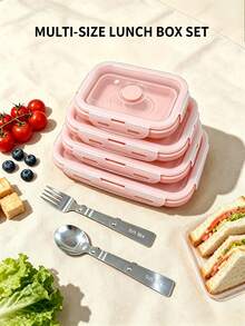 Collapsible Silicone Lunch Box Set With Lid, Food Storage Container, Collapsible Stainless Steel Utensils, Reusable, Portable, Suitable For Picnic, Camping, Office, School, Adult And Children Travel, Utensil Set, Collapsible Portable Lunch Box/Utensils, Fork, Spoon, Bento Box, Back To School Season - Multicolor - View 19