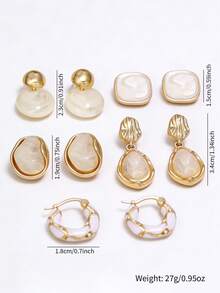 5 Pairs Multi-Style Cream White Resin Stud Earrings Set, Lightweight Vintage Versatile Wearable Accessories - Multicolor - View 7