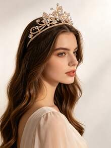 1pc European & American Bridal Fashion Exquisite Moon Rhinestone Crown, Suitable For Women's Wedding Party Hair Accessory, Princess Birthday Party, Halloween Cosplay Hair Accessory, Performance Costume Accessory Crown - Gold - View 5