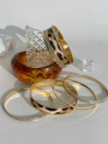 8件組豹紋金屬混樹脂寬版手鐲套組，酷炫街頭風女款飾品，適合音樂節派對 - 彩色 - 查看 6