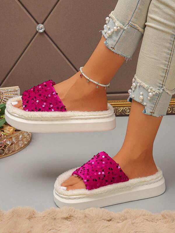 Plus Size 36-45 Classic Minimalist Fashionable Shiny Rose Red Women's Suede Sequin Single Strap Fleece Lined Thick Sole Open Toe Lightweight Comfortable Non-Slip Durable Versatile Casual Slippers
