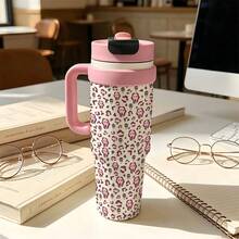 1PC 1000ML Creative Leopard Print, Black Leopard Print, Fashion Leopard Pattern Stainless Steel Insulated Cup, Double Drink Coffee Cup, Portable Straw Cup, Stylish , Suitable For Office/Home, Gift For Family/Friends, Coffee/Milk/Tea - Multicolor - View 4