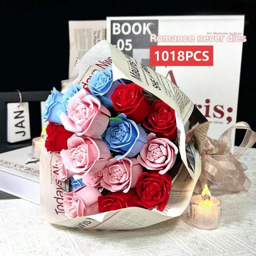 1018pcs DIY Red, Pink, Blue Building Block Roses, Assembled Building Block Flowers, Desktop Decoration Ornaments, Valentine's Day, The Best Gift For Girlfriends (Excluding Vases) - Multicolor - View 1