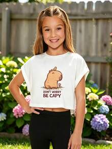 Tween Girls'  Cotton Cropped Cuffed Sleeve Tee, Graphic Print,  Cute Sweet Preppy Girl Style - White - View 3
