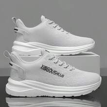 Zapatillas de running con parte superior de malla texturizada degradada y amortiguación para hombres y mujeres, estampado de letras en el lateral, suela gruesa de espuma ligera, antideslizantes y resistentes al desgaste, transpirables y sin sensación de sofoco para verano, para correr largas distancias al aire libre, fitness, desplazamientos diarios, versátiles para parejas, estilo casual deportivo, disponibles en múltiples colores - Gris - Ver 5