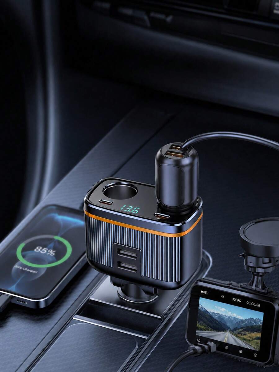 XF.Meraki 145W 12V/24V Dual Car Cigarette Lighter Splitter, With LED Voltage Display, PD 45W Type-C & QC 3.0 USB Fast Charging Adapter, 2-Port Multi-Port Car Charger, Compatible With IPhone, Galaxy, GPS, Dash Cam And Laptop